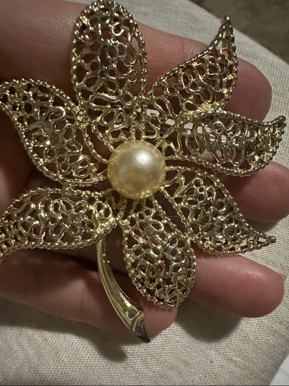 Gold Floral Filigree Brooch with Pearl Center